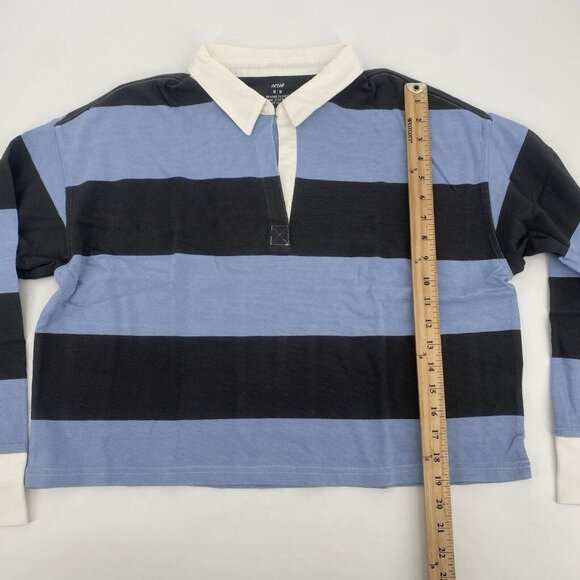 Aerie Size M Blue and Gray Striped Rugby Cropped Polo Shirt Long Sleeve - Picture 8 of 12